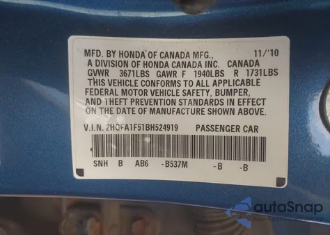 2011 Honda Civic Lx from USA, damaged, VIN 2HGFA1F51BH524919